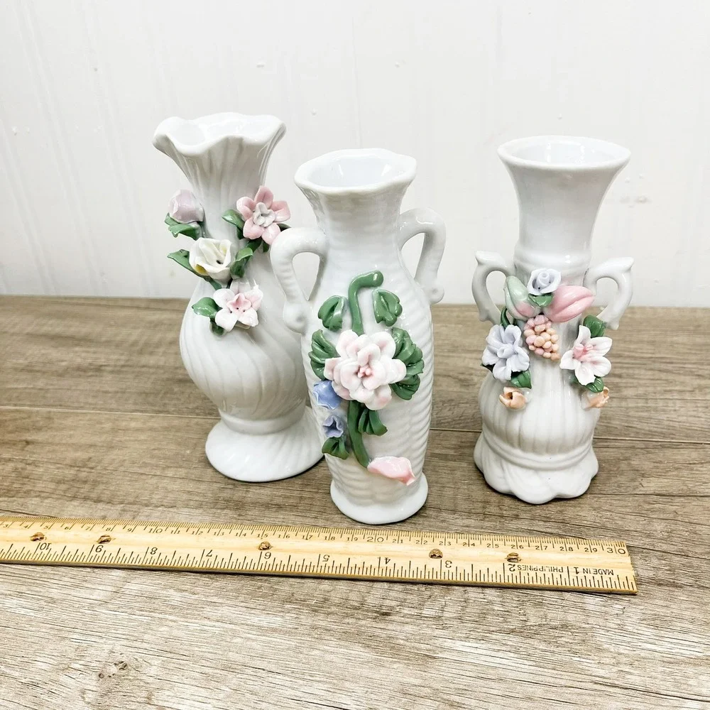 Vintage White Porcelain Miniature Bud Vases Set of 3 Applied 3D Floral Accents